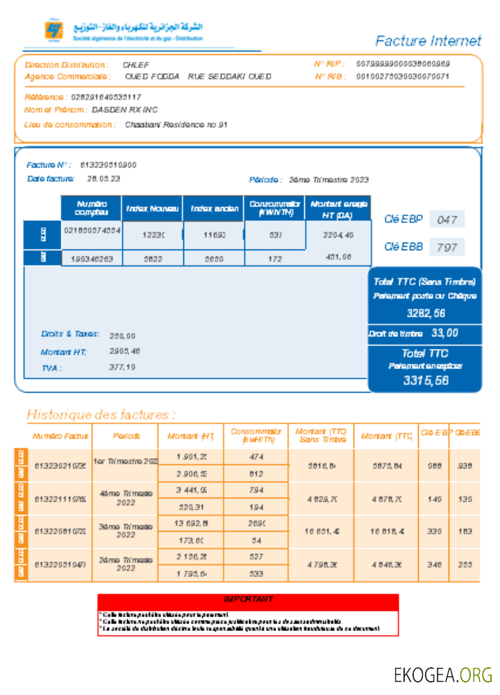 Société Algérien Distribution Facture Entreprise de Service Internet, SCR